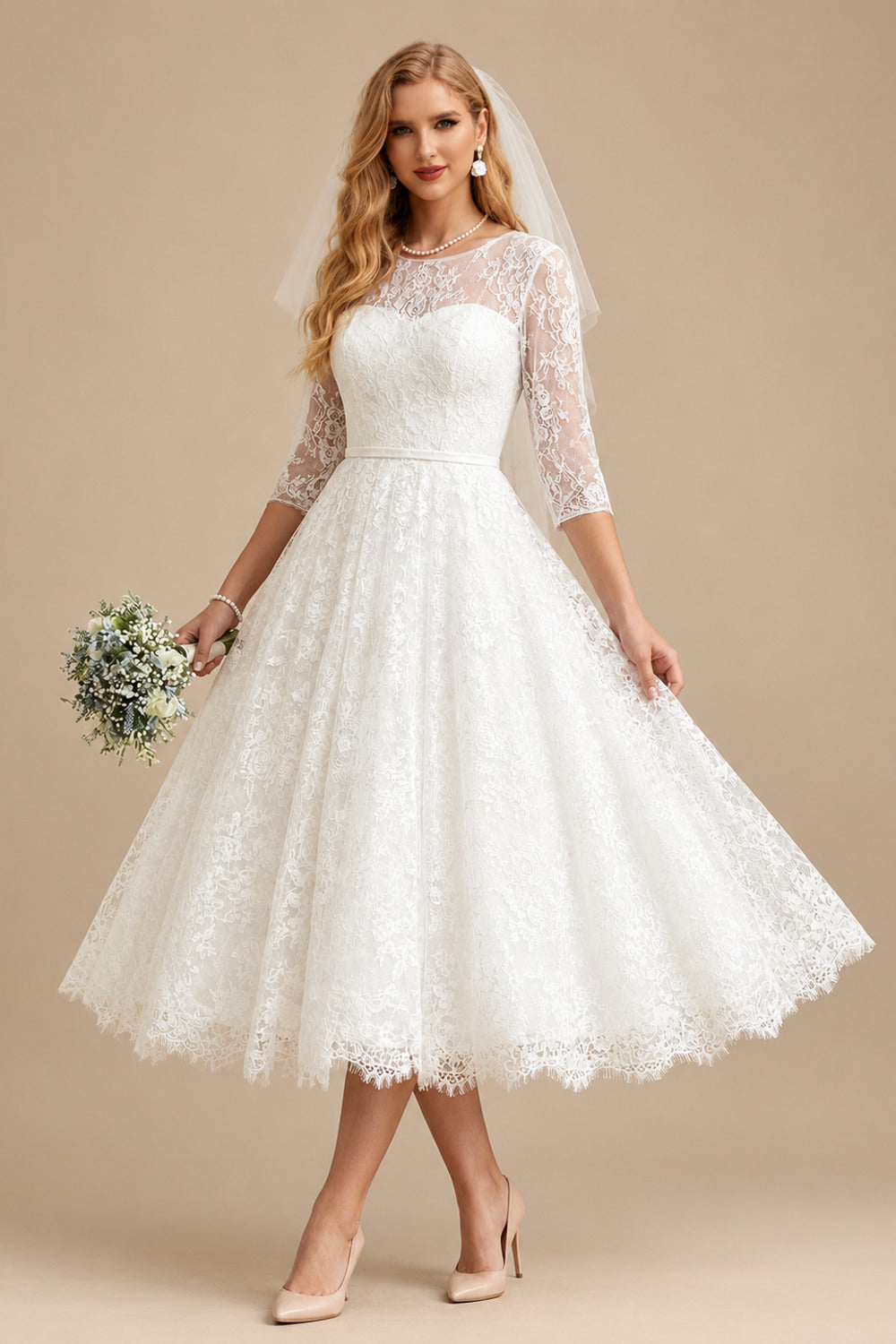 Rutipo Ivory A-Line Illusion Neck 1/2 Sleeves Tea-Length Lace Wedding Dresses