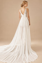 Rutipo Ivory Sheath/Column Scoop Neck Sleeveless Detachable Lace Wedding Dresses