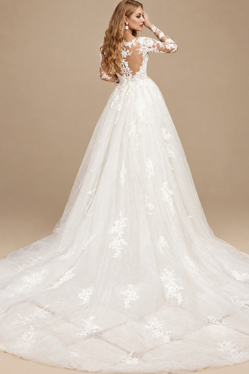 Rutipo Ivory Trumpet/Mermaid Long Sleeves Tulle Wedding Dresses With Appliques Lace