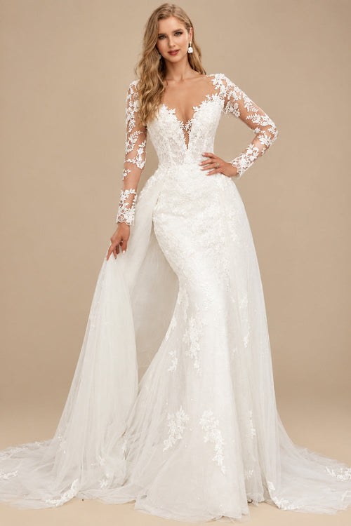 Rutipo Ivory Trumpet/Mermaid Long Sleeves Tulle Wedding Dresses With Appliques Lace