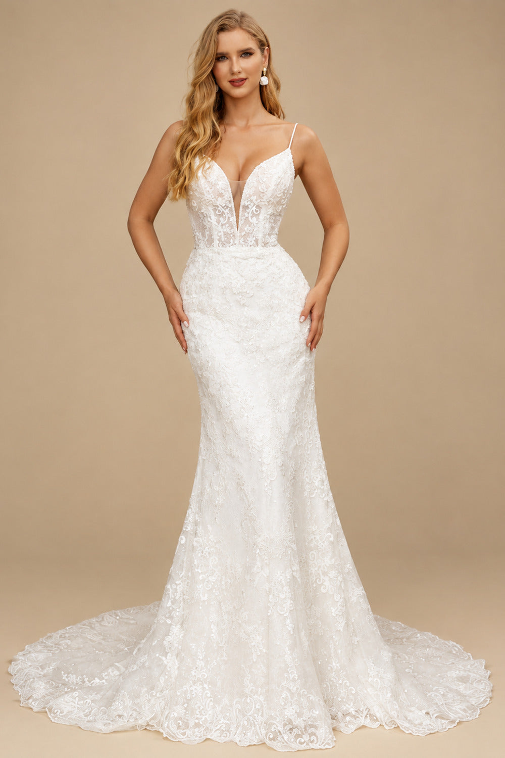 Rutipo Ivory Trumpet/Mermaid V-Neck Lace/Tulle Wedding Dresses With Appliques Lace