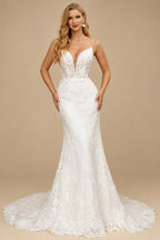 Rutipo Ivory Trumpet/Mermaid V-Neck Lace/Tulle Wedding Dresses With Appliques Lace