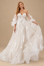 Rutipo Ivory A-Line Off-The-Shoulder Long Sleeves Lace/Tulle Wedding Dresses