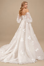 Rutipo Ivory A-Line Off-The-Shoulder Long Sleeves Lace/Tulle Wedding Dresses
