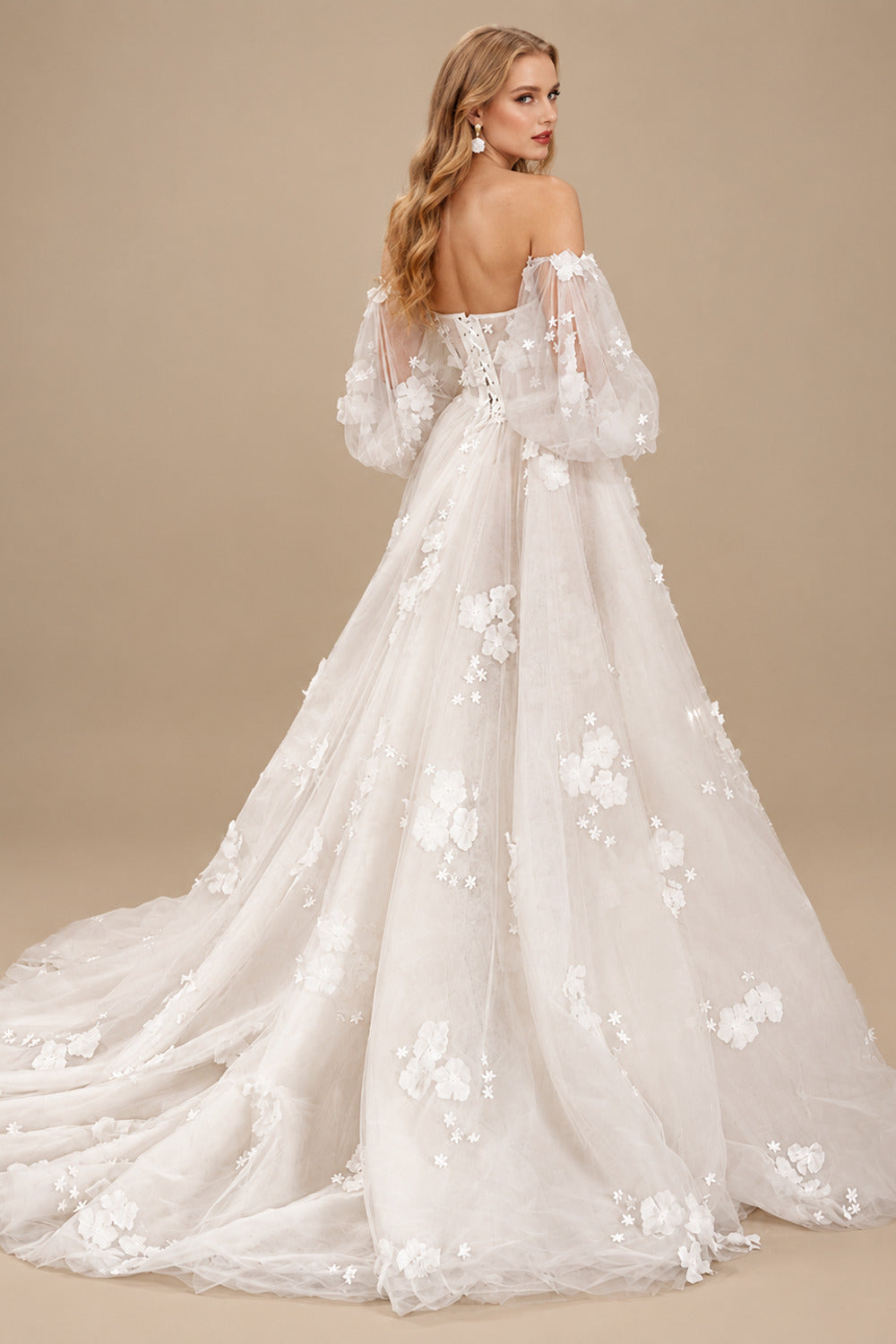 Rutipo Ivory A-Line Off-The-Shoulder Long Sleeves Lace/Tulle Wedding Dresses