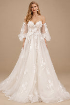 Rutipo Ivory A-Line Off-The-Shoulder Long Sleeves Lace/Tulle Wedding Dresses