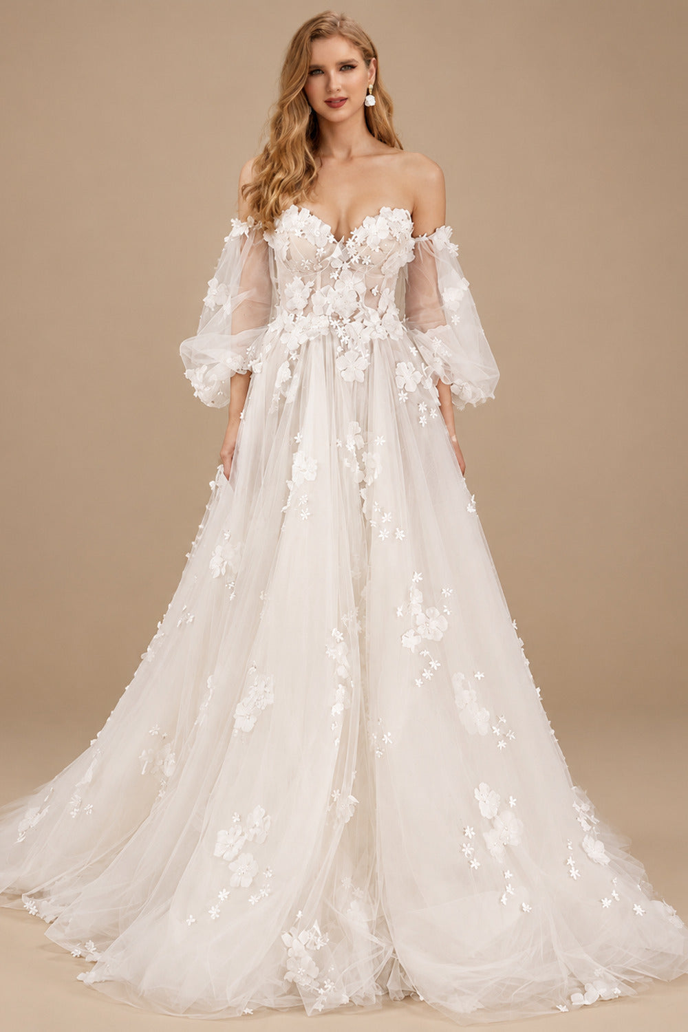 Rutipo Ivory A-Line Off-The-Shoulder Long Sleeves Lace/Tulle Wedding Dresses