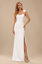 Rutipo White Sheath/Column Italian Satin Wedding Dresses With Flower(s)/High Split