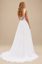 Rutipo White A-Line Square Neckline Sleeveless Chiffon Wedding Dresses With High Split