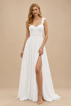 Rutipo White A-Line Square Neckline Sleeveless Chiffon Wedding Dresses With High Split