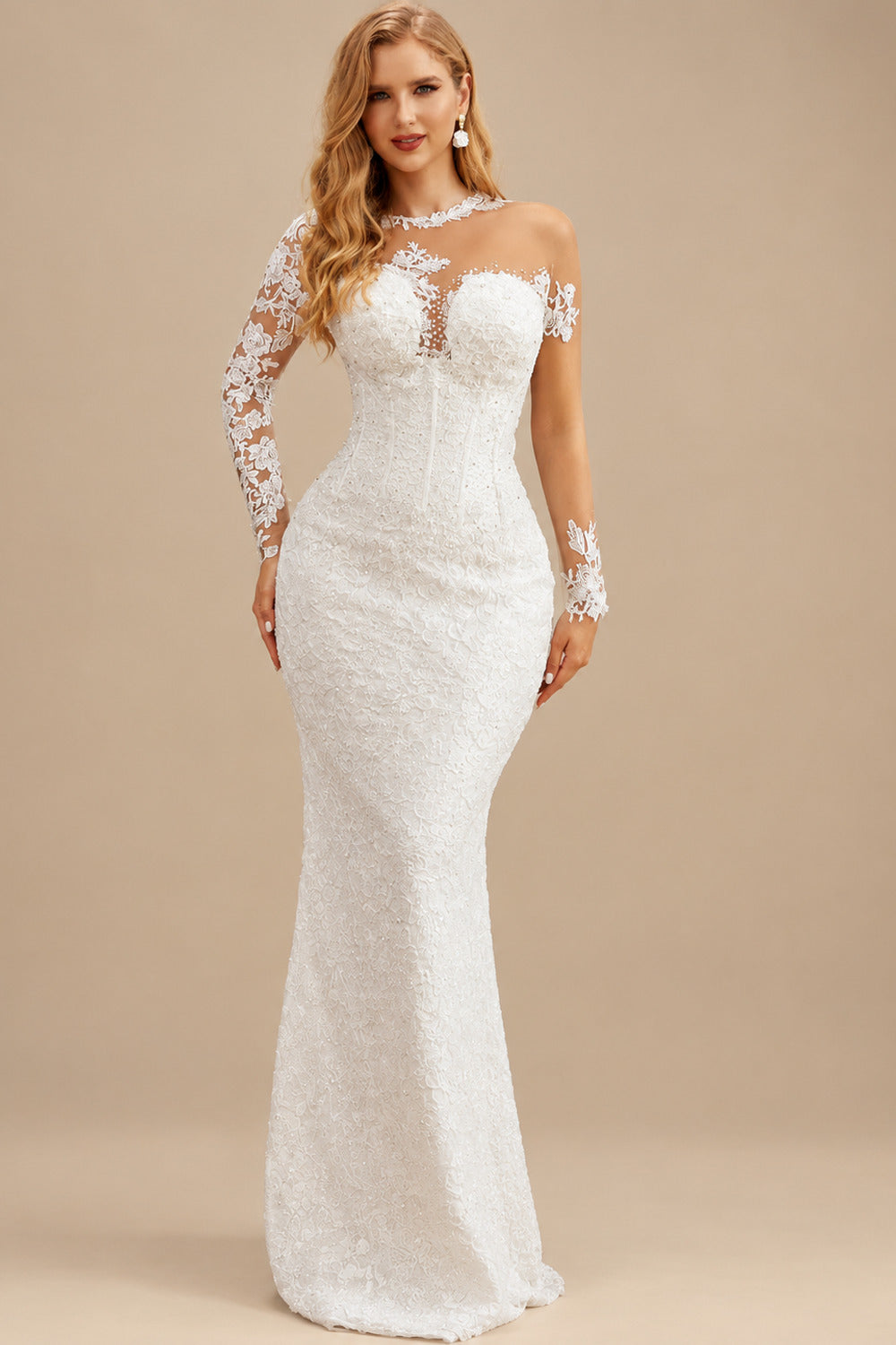 Rutipo Ivory Sheath/Column Illusion Neck Long Sleeves Lace/Satin Wedding Dresses