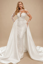 Rutipo Ivory Sheath/Column Illusion Neck Long Sleeves Lace/Satin Wedding Dresses