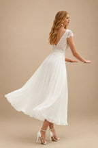 Rutipo Ivory A-Line V-Neck Sleeveless Tea-Length Chiffon/Lace Wedding Dresses