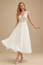 Rutipo Ivory A-Line V-Neck Sleeveless Tea-Length Chiffon/Lace Wedding Dresses