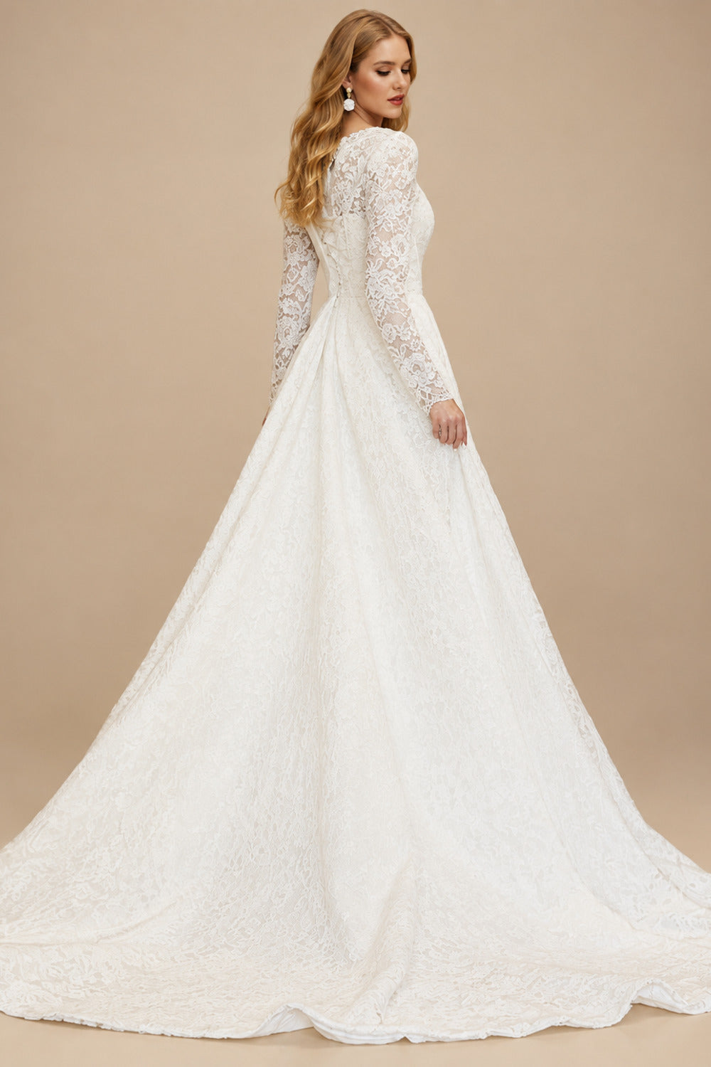Rutipo Ivory A-Line High Neck Long Sleeves Lace Wedding Dresses With Beading