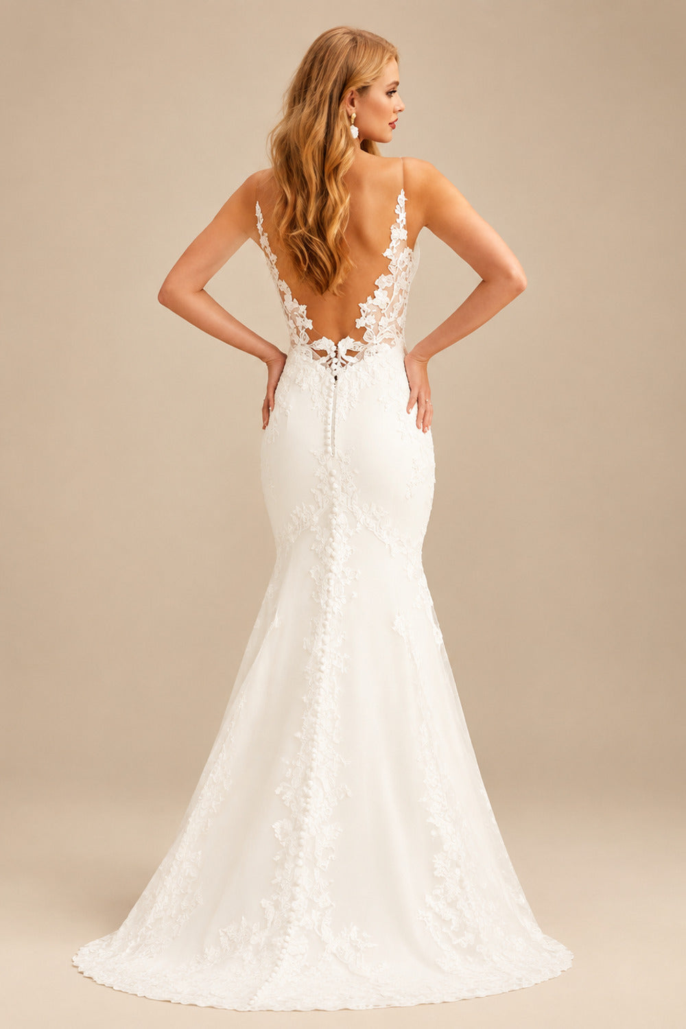 Rutipo Ivory Sheath/Column V-Neck Sleeveless Court Train Lace Wedding Dresses