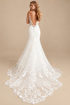 Rutipo Ivory Sheath/Column V-Neck Sleeveless Court Train Lace Wedding Dresses