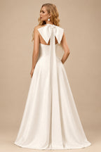 Rutipo Ivory A-Line Halter Sleeveless Sweep Train Satin Wedding Dresses With Bow(s)