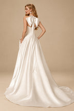 Rutipo Ivory A-Line Halter Sleeveless Sweep Train Satin Wedding Dresses With Bow(s)