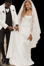 Rutipo Ivory Trumpet/Mermaid Square Neckline Satin Wedding Dresses With Lace