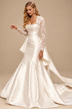 Rutipo Ivory Trumpet/Mermaid Square Neckline Satin Wedding Dresses With Lace