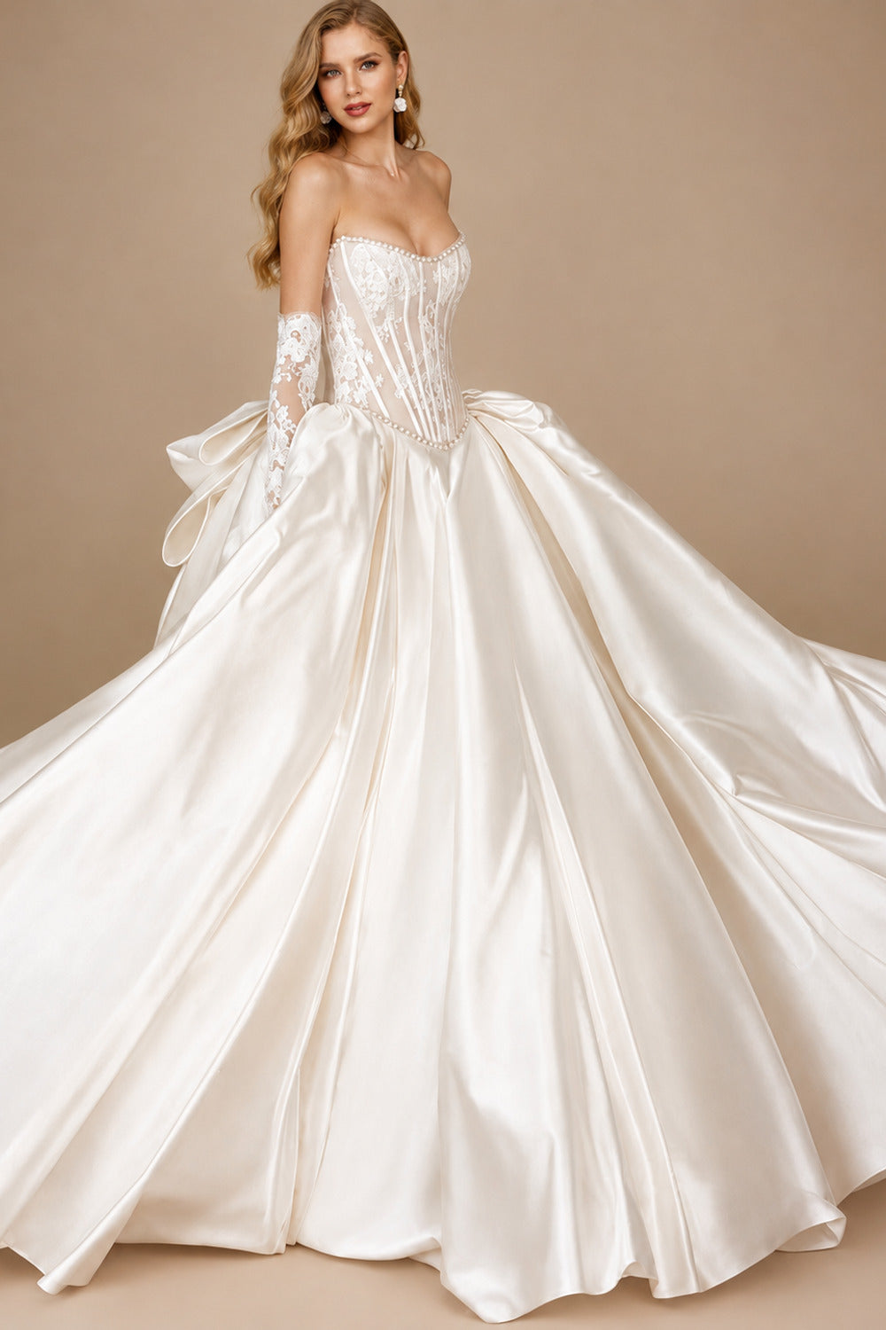 Rutipo Ivory Ball-Gown Sweetheart Sleeveless Lace/Satin Wedding Dresses With Bow(s)