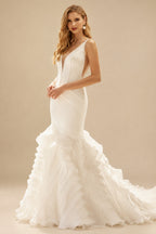 Rutipo Ivory Trumpet/Mermaid V-Neck Sleeveless Tulle/Elastic Satin Wedding Dresses