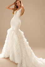 Rutipo Ivory Trumpet/Mermaid V-Neck Sleeveless Tulle/Elastic Satin Wedding Dresses