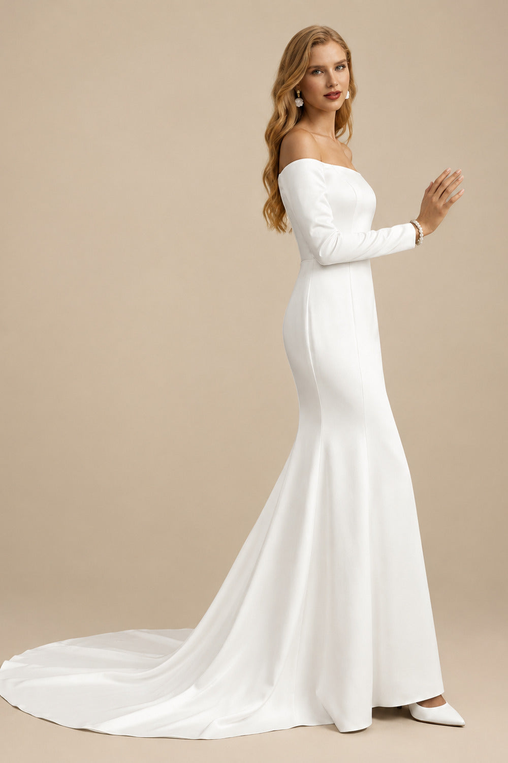 Rutipo Ivory Trumpet/Mermaid Off-The-Shoulder Sweep Train Satin Wedding Dresses