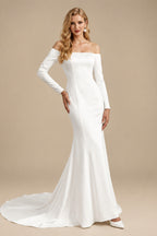 Rutipo Ivory Trumpet/Mermaid Off-The-Shoulder Sweep Train Satin Wedding Dresses