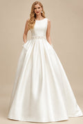 Rutipo Ivory Ball-Gown Scoop Neck Sleeveless Sweep Train Satin Wedding Dresses With Lace