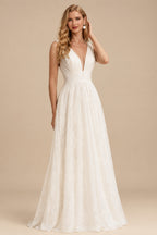 Rutipo Ivory A-Line V-Neck Sleeveless Sweep Train Tulle/Sequined Wedding Dresses