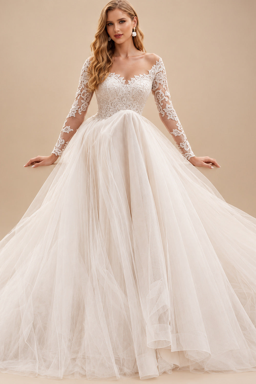 Rutipo Ivory A-Line Illusion Neck Lace/Tulle Wedding Dresses With Appliques Lace