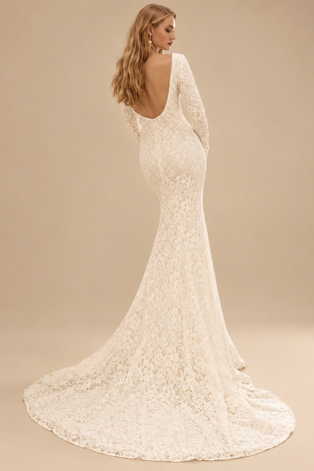 Rutipo Ivory Trumpet/Mermaid Scoop Neck Long Sleeves Lace Wedding Dresses