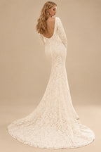 Rutipo Ivory Trumpet/Mermaid Scoop Neck Long Sleeves Lace Wedding Dresses