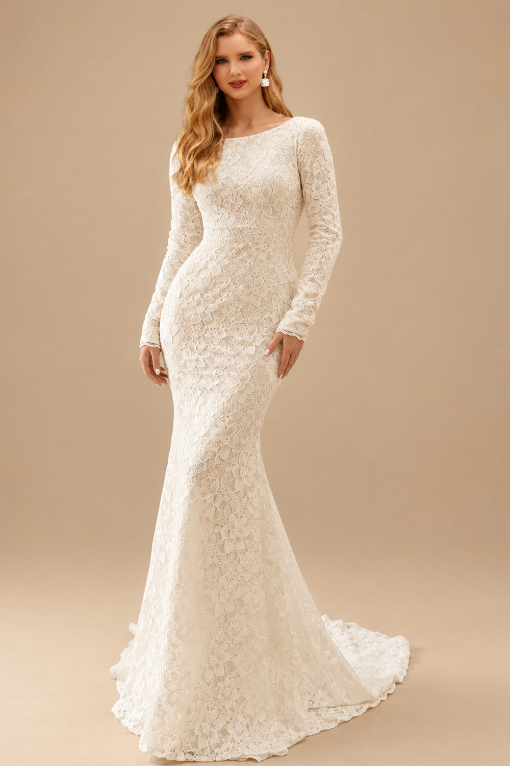 Rutipo Ivory Trumpet/Mermaid Scoop Neck Long Sleeves Lace Wedding Dresses
