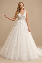 Rutipo Ivory Ball-Gown V-Neck Sleeveless Tulle Plus Size Wedding Dresses With Appliques Lace/Back Hole