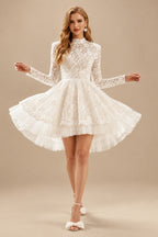 Rutipo Ivory A-Line High Neck Long Sleeves Asymmetrical Lace/Tulle Wedding Dresses