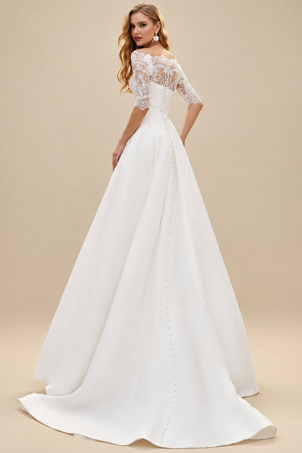 Rutipo Ivory A-Line Off-The-Shoulder 1/2 Sleeves Satin Wedding Dresses With Lace