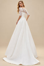 Rutipo Ivory A-Line Off-The-Shoulder 1/2 Sleeves Satin Wedding Dresses With Lace