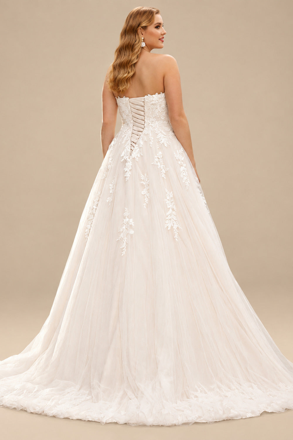 Rutipo Ivory A-Line Off-The-Shoulder Sleeveless Sweep Train Lace/Tulle Plus Size Wedding Dresses