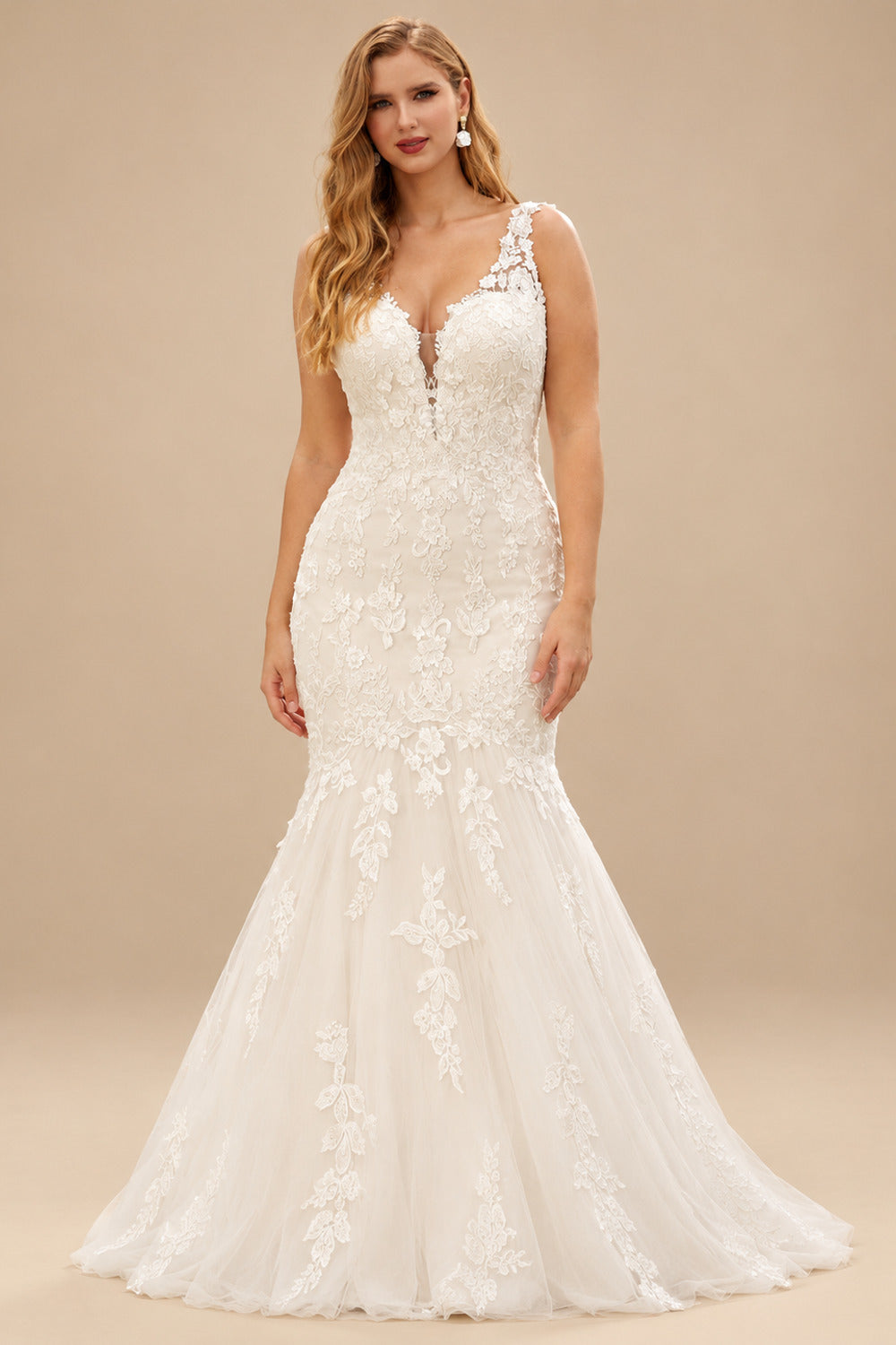 Rutipo Ivory Trumpet/Mermaid V-Neck Sleeveless Sweep Train Lace/Tulle Wedding Dresses