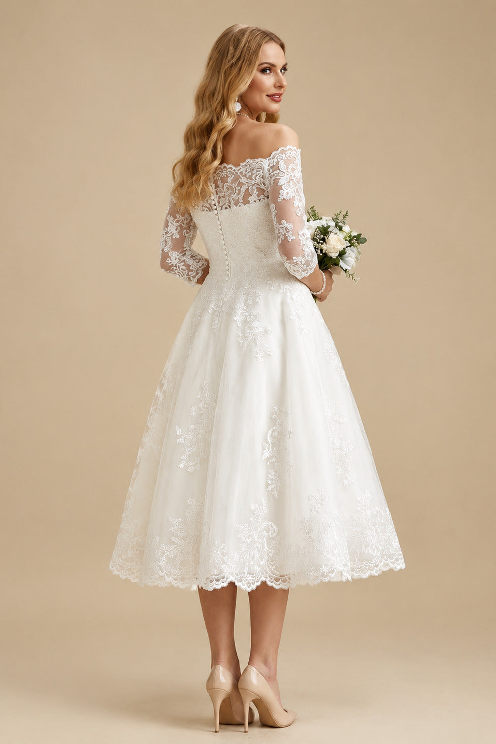 Rutipo Ivory A-Line Off-The-Shoulder 1/2 Sleeves Tea-Length Lace Wedding Dresses