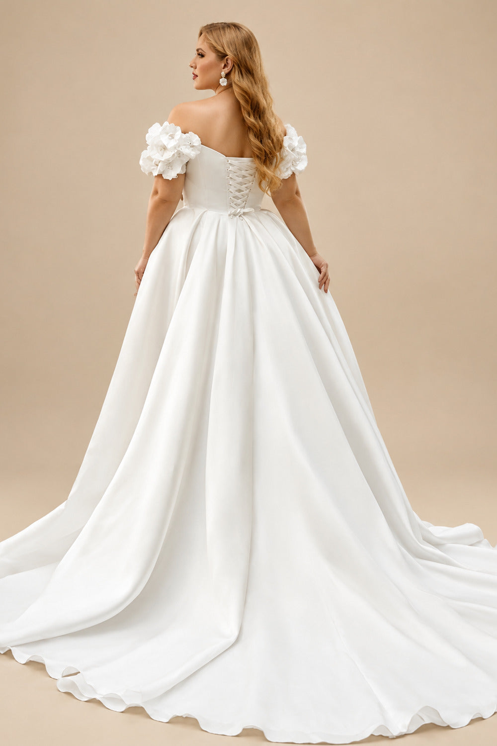 Rutipo Ivory Plus Size Ball-Gown Off-The-Shoulder Court Train Satin Wedding Dresses With Flower(s)