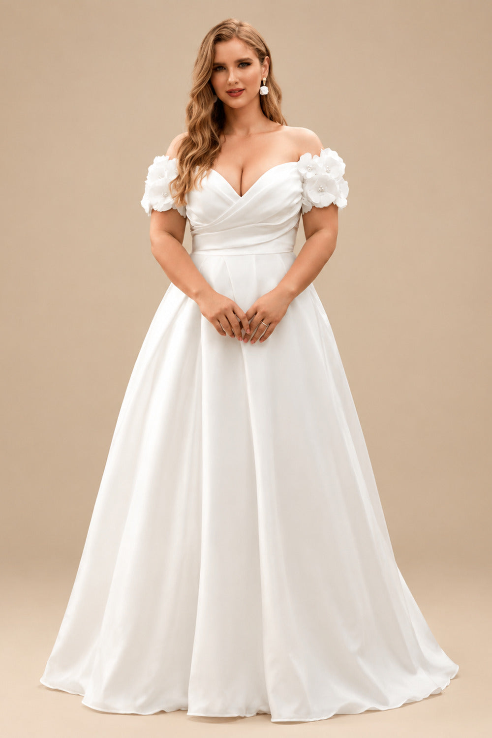 Rutipo Ivory Plus Size Ball-Gown Off-The-Shoulder Court Train Satin Wedding Dresses With Flower(s)