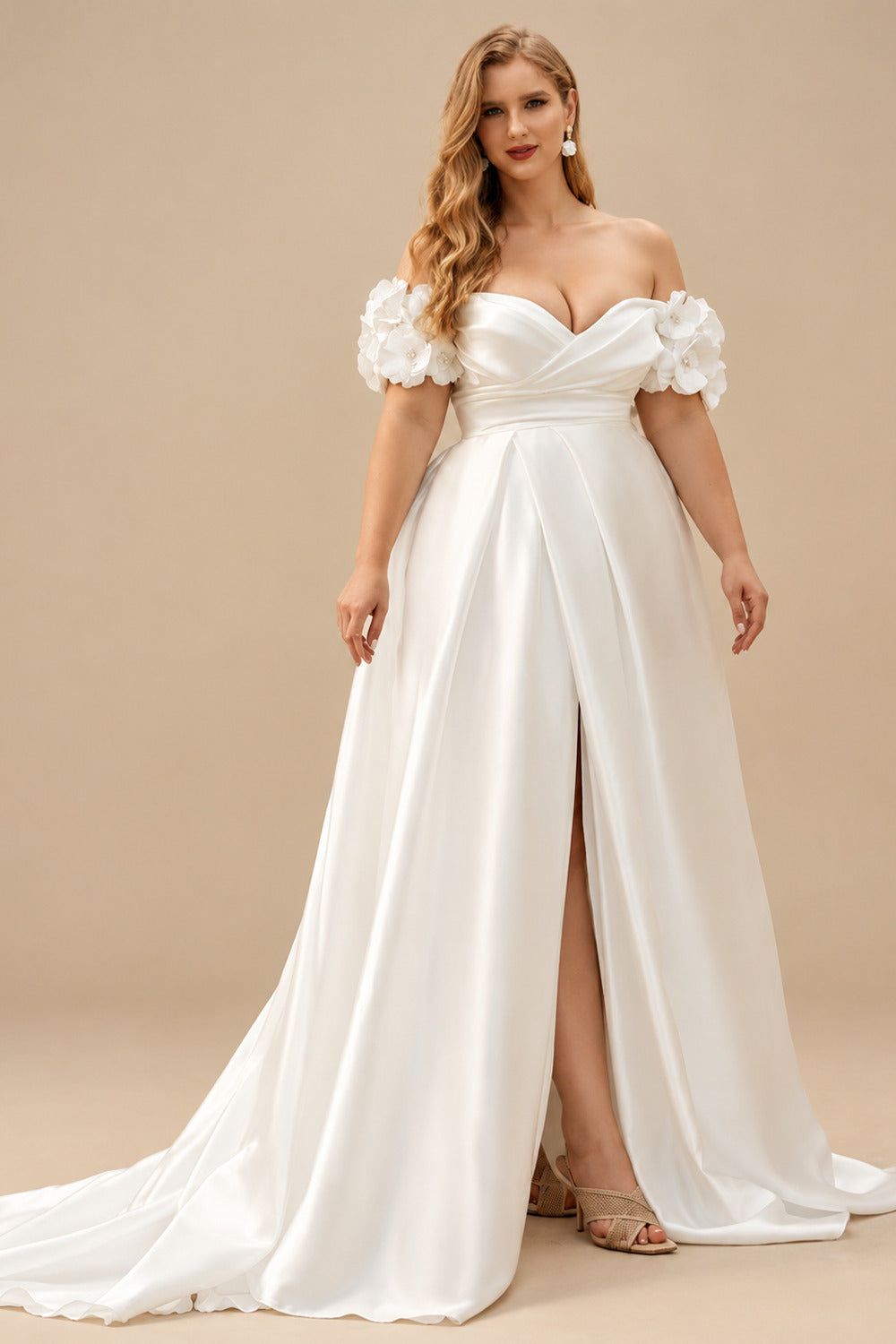 Rutipo Ivory Plus Size Ball-Gown Off-The-Shoulder Court Train Satin Wedding Dresses With Flower(s)