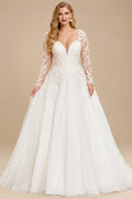 Rutipo Ivory Plus Size A-Line V-Neck Long Sleeves Court Train Tulle Wedding Dresses With Lace