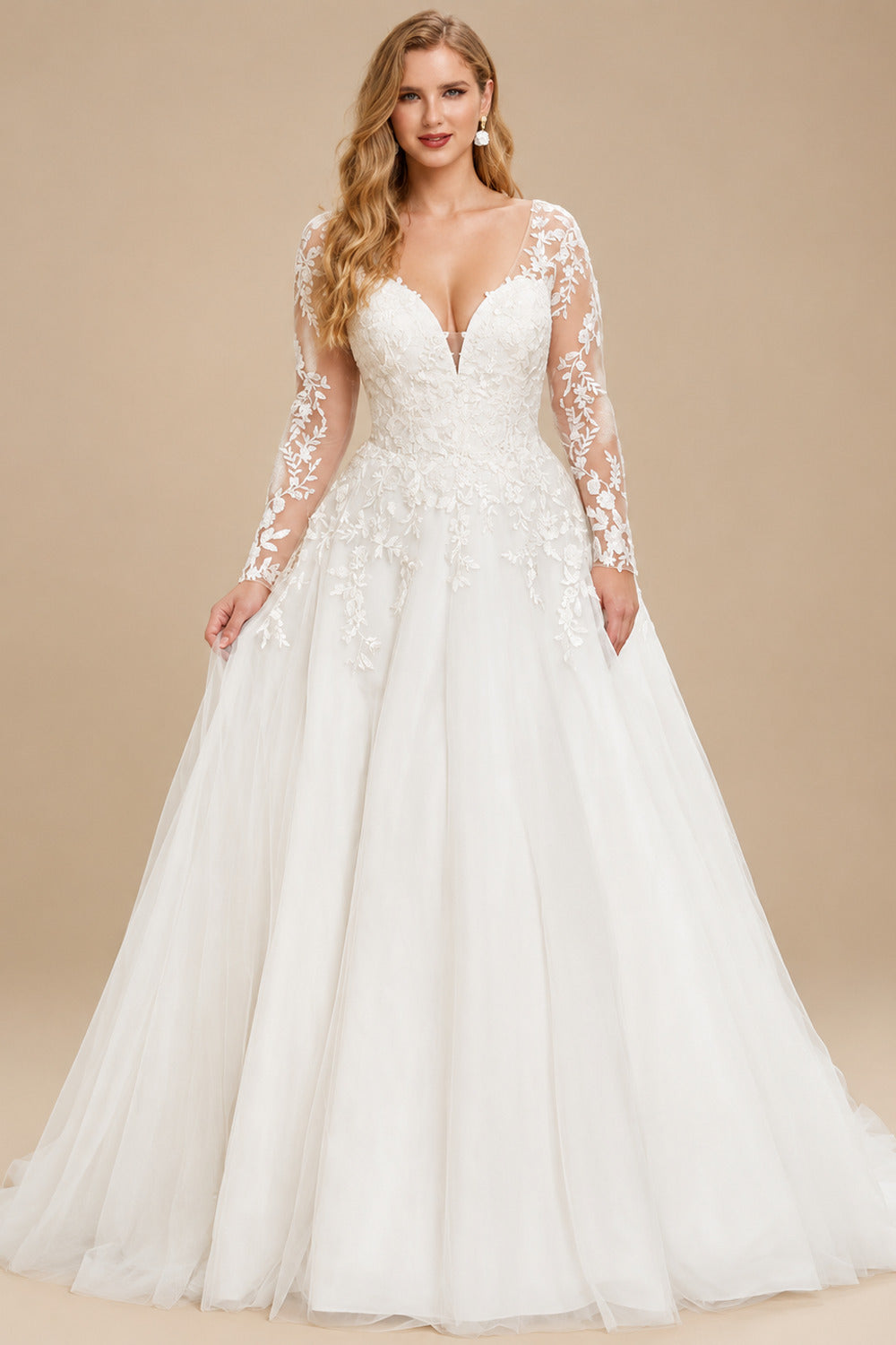Rutipo Ivory Plus Size A-Line V-Neck Long Sleeves Court Train Tulle Wedding Dresses With Lace