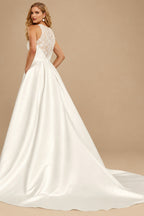 Rutipo Ivory Plus Size Ball-Gown Scoop Neck Satin Wedding Dresses With Pockets/Lace