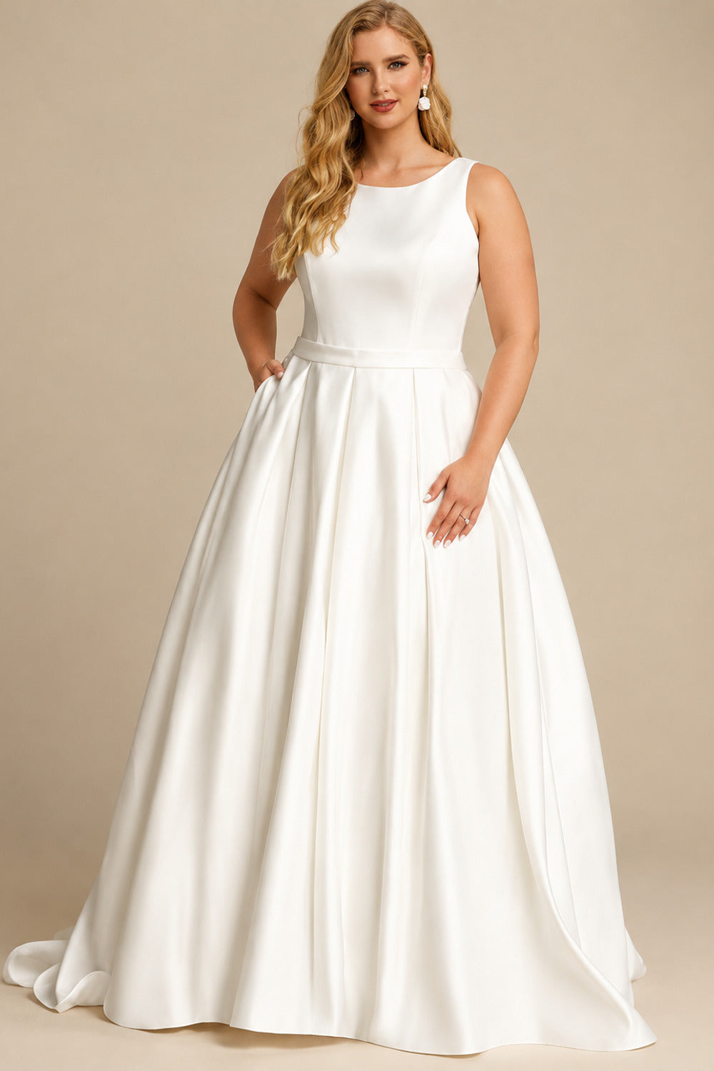Rutipo White Plus Size Ball-Gown Scoop Neck Satin Wedding Dresses With Pockets/Lace